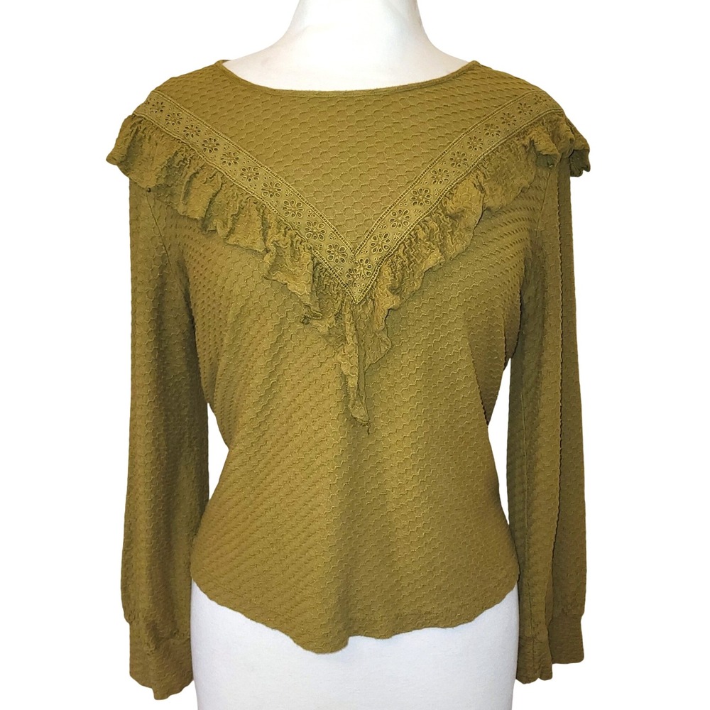 J.Crew Ruffle Trim Honeycomb Knit Olive Gold Green Long Sleeve Blouse - Picture 2 of 8